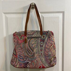Talbots Paisley Cotton Leather Strap Purse Bag Pockets Pink Blue Spring Office